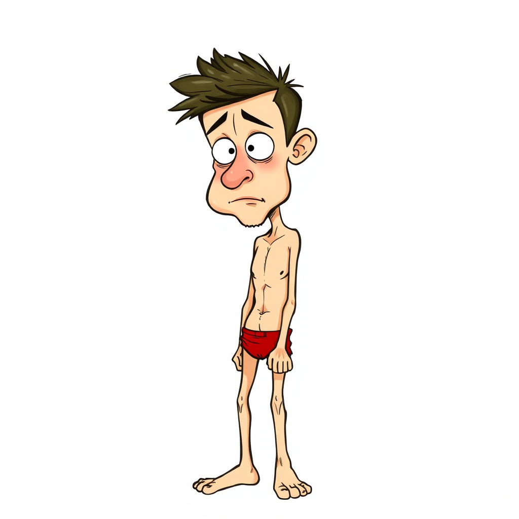 shy nervous small 20 year old european skinny man, amazed, bare chest, red tight men's brief, tense fabric, head down, looking from below, side view, detailed feet, 2D, caricature, cartoon, Sketch lines, coloring book, coloring book