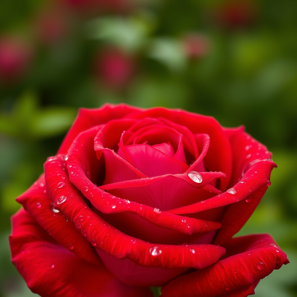 A close-up of a vibrant red rose with delicate pink inner petals, glistening with fresh water droplets. The rose is set against a lush, blurred green background that enhances its vivid colors. The petals are intricately layered, showcasing a blend of deep red and soft pink hues. The composition emphasizes the intricate details of the petals and the shimmering raindrops, capturing the essence of nature's beauty in a hyperrealistic style. The overall atmosphere conveys freshness and vitality, evoking a sense of serene elegance.