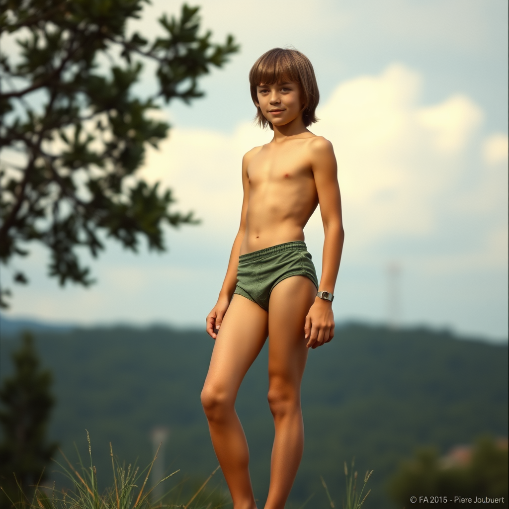 A skinny 14yo teen boyscout, long hair bowl cut, wearing tight narrow speedo, long legs, narrow thighs. full-length view. 1970s. art-photorealistic, by Pierre Joubert, ultra high resolution, 16K, background, landscape, stunning, highly detailed. An atmosphere of freshness and joy. HTML_web_color_name='peachpuff', Negative: grainy, blurry, bad anatomy, extra limbs, watermark.