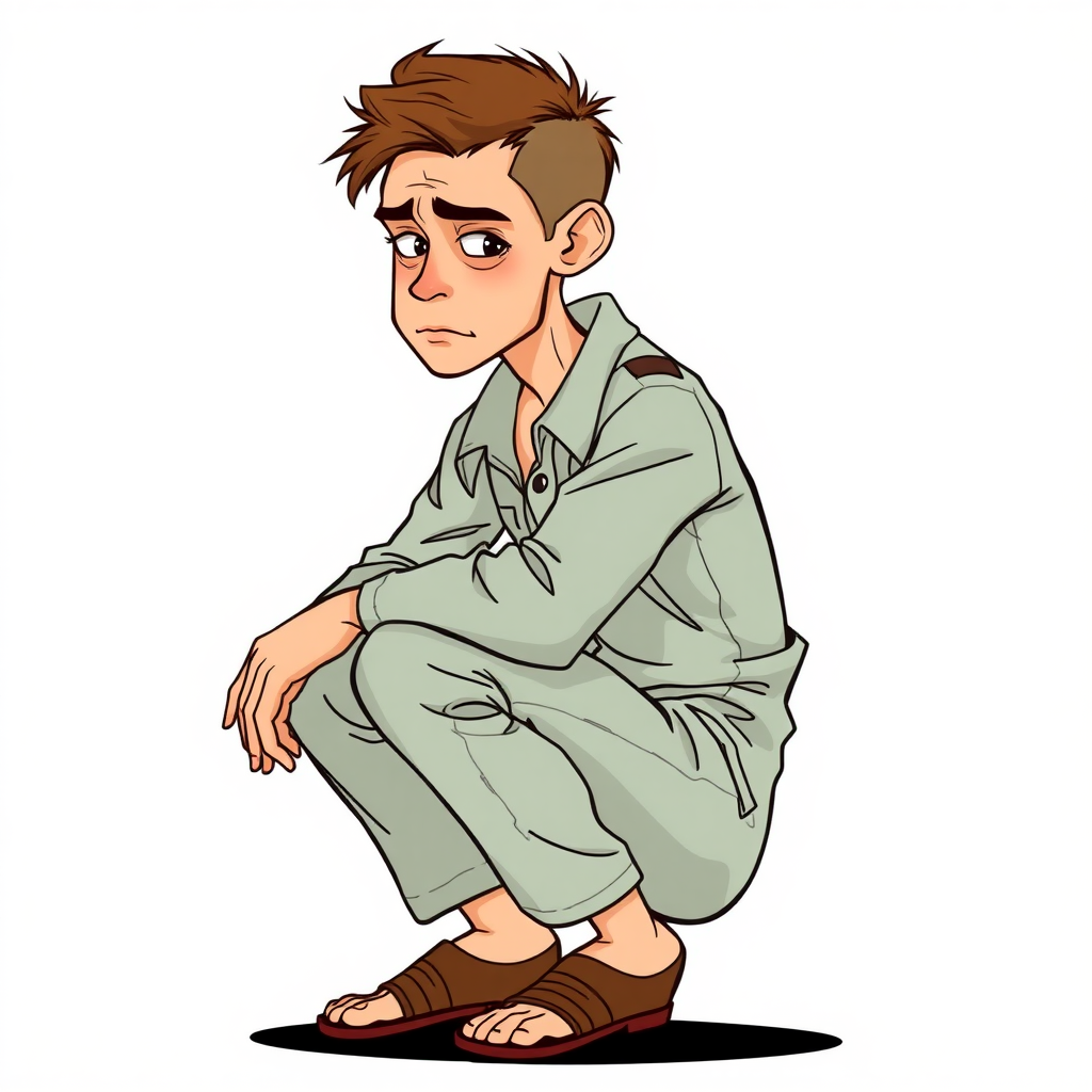 nervous small 18 year old european skinny man, long sleeves coveralls, tense fabric, squatting, mesmerized, side view, detailed feet, 2D, caricature, cartoon, Sketch lines, coloring book, coloring book