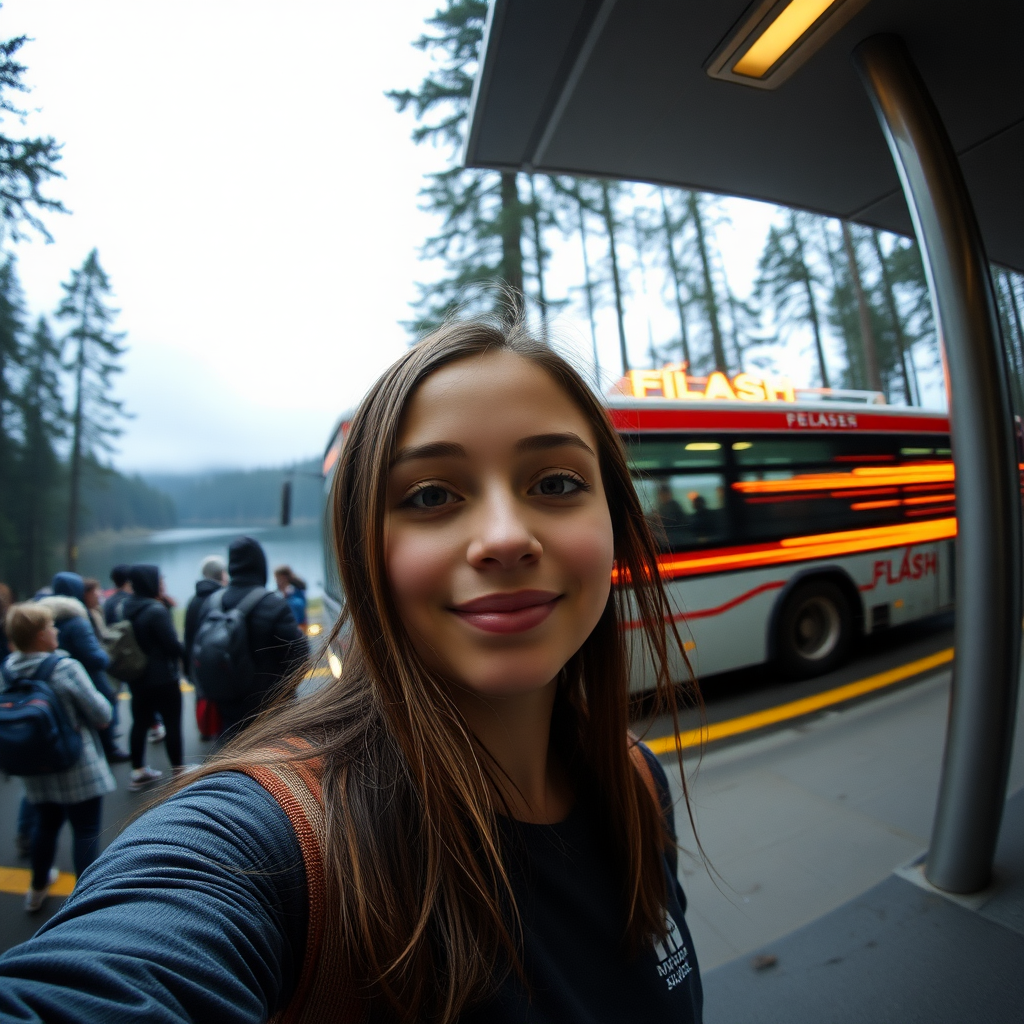 selfie from below of a girl at a crowded bus stop near a lake in the forest, speeding burning bus labelled "FLASH" in the background