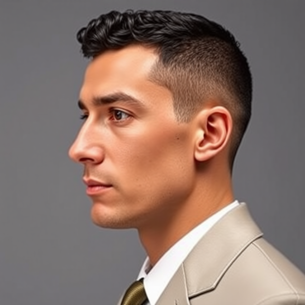 Model man in profile, very short fine curly hair, oval face, small nose, brown eyes, thin lips, normal attached ears, slight double chin, Mediterranean complexion, very thin eyebrows, dressed in a light elegant suit, patent leather shoes.