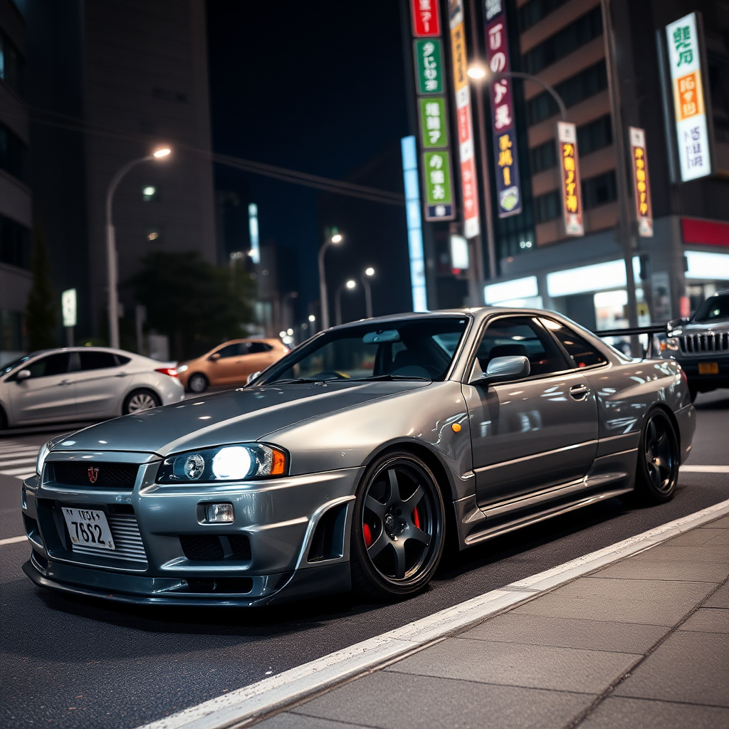 The car is parked on the side of the road, inspired by Taiyō Matsumoto, tumblr, restomod, nd4, c4 metallic shine gray black Nissan Skyline R34 kabuki Tokyo night background.