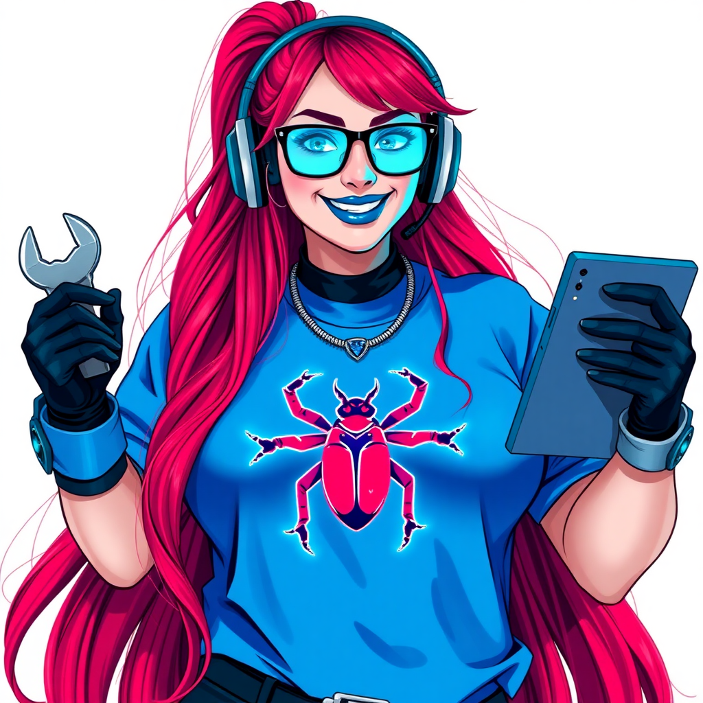 An intelligent and tech-savvy 29-year-old computer hacker and tech genius. She has a long ruby red ponytail. She wears maximum blue lipstick, blue eyes, a sapphire beetle gemstone necklace, sapphire earrings, black eyeglasses, hi-tech power gloves, and an oversized maximum blue t-shirt featuring a neon blue glowing beetle chest icon. She has a gargantuan full-figured physique with a prominent round gargantuan midsection, reflecting her well-cared-for lifestyle. She sports a sapphire headset with a hi-tech maximum turquoise lensed HUD, and a beaming smile accentuated by a passionate neon red blush. She serves as his tech expert from his hideout, holding a futuristic tool wrench and a futuristic digital tablet. The background is solid white. She is drawn as if she was in a retro 2D cyberpunk fighting game.