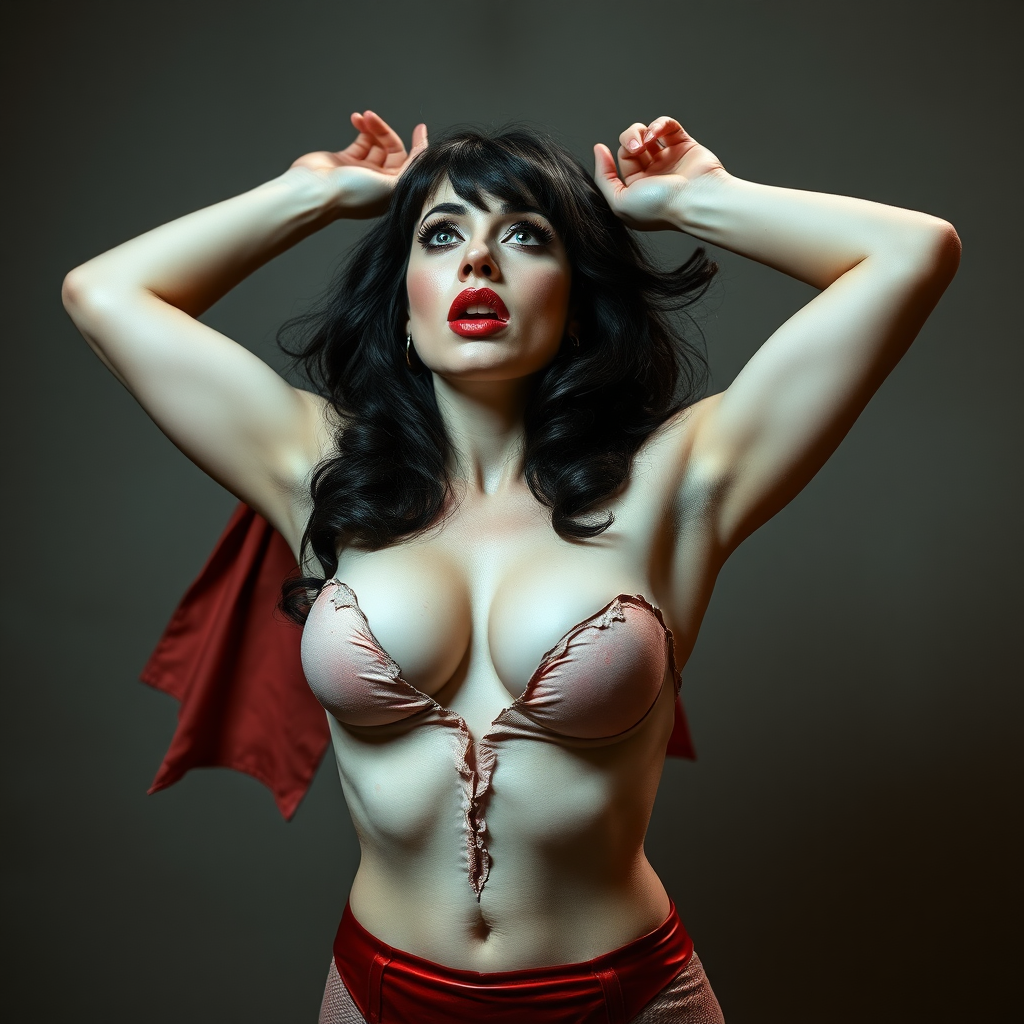 Vampirella arms up. her bodice is ripped open. Shocked expression. DSLR