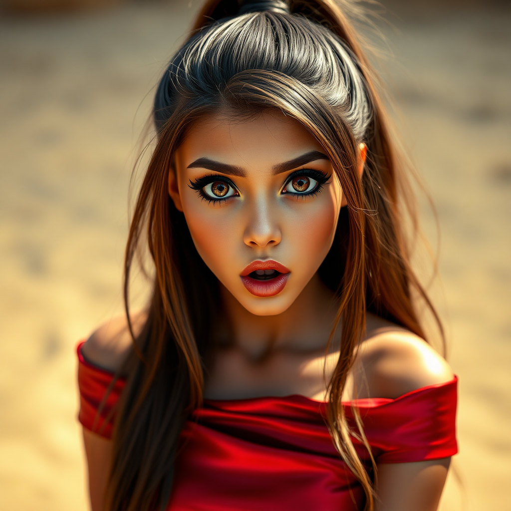 surprised Arabian girl with mouth open. She has very large eyes, black eyeshadow, black eyeliner, fake eyelashes, very tanned skin, very long hair. very high ponytail, red off shoulder shinny crop top. photo realistic