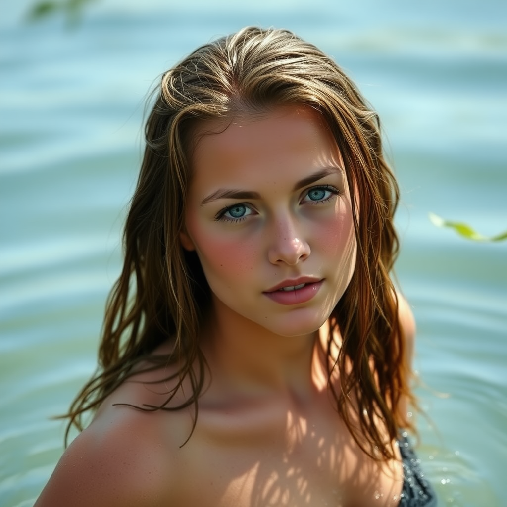 a young european woman just coming out of a lake. she has wet hair. she is topless. photo