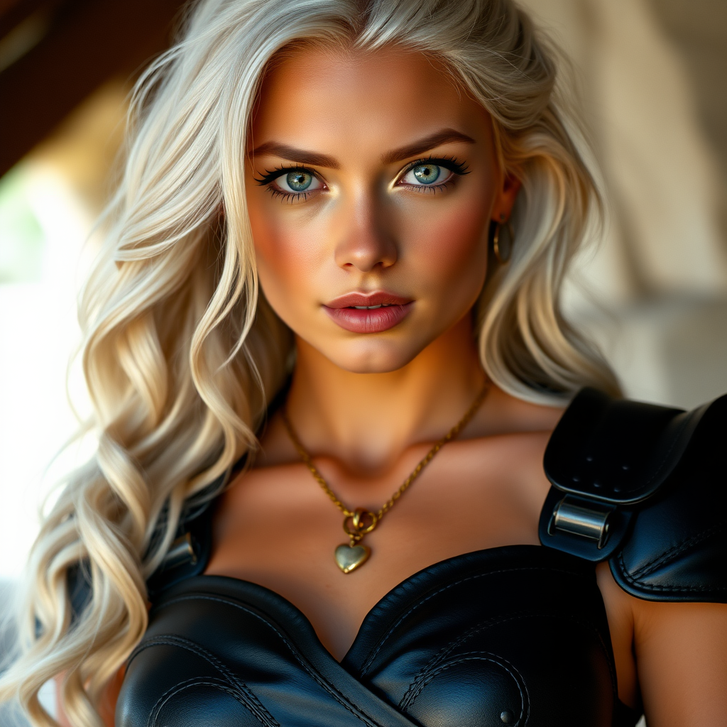 Portrait of a beautiful young woman with long wavy platinum blonde hair, green eyes, a suntan, light brown eyebrows, and large breasts. She is wearing black leather armor and a gold necklace with a small heart pendant.