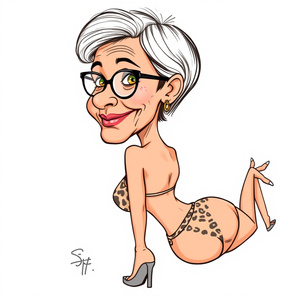 55 Years old, European, Latina, sharp aquiline nose, wrinkles, high cheekbones, Middle Eastern, Skinny, Tanned skin, Dark light skin, Rounded Medium breasts, Skinny thighs, round ass, full Makeup, jewelry, Serious face, Sharp nose, blushing, Ash hair, short bowl haircut, Brown eye color, Glasses, with detailed features. swaying hips, smiling, She is walking away, back side view, she is looking over her shoulder, she is wearing a leopard bikini, detailed fabric. full body, high heels sandals, lying on her stomach on a couch, long establishing shot, 2D, caricature, cartoon, Sketch lines, coloring book, coloring book style on white background, well composed, clean coloring book page, No dither, no gradient, strong outline, No fill, No solids, vector illustration, movement lines. realistic proportions, detailed body, correct anatomy