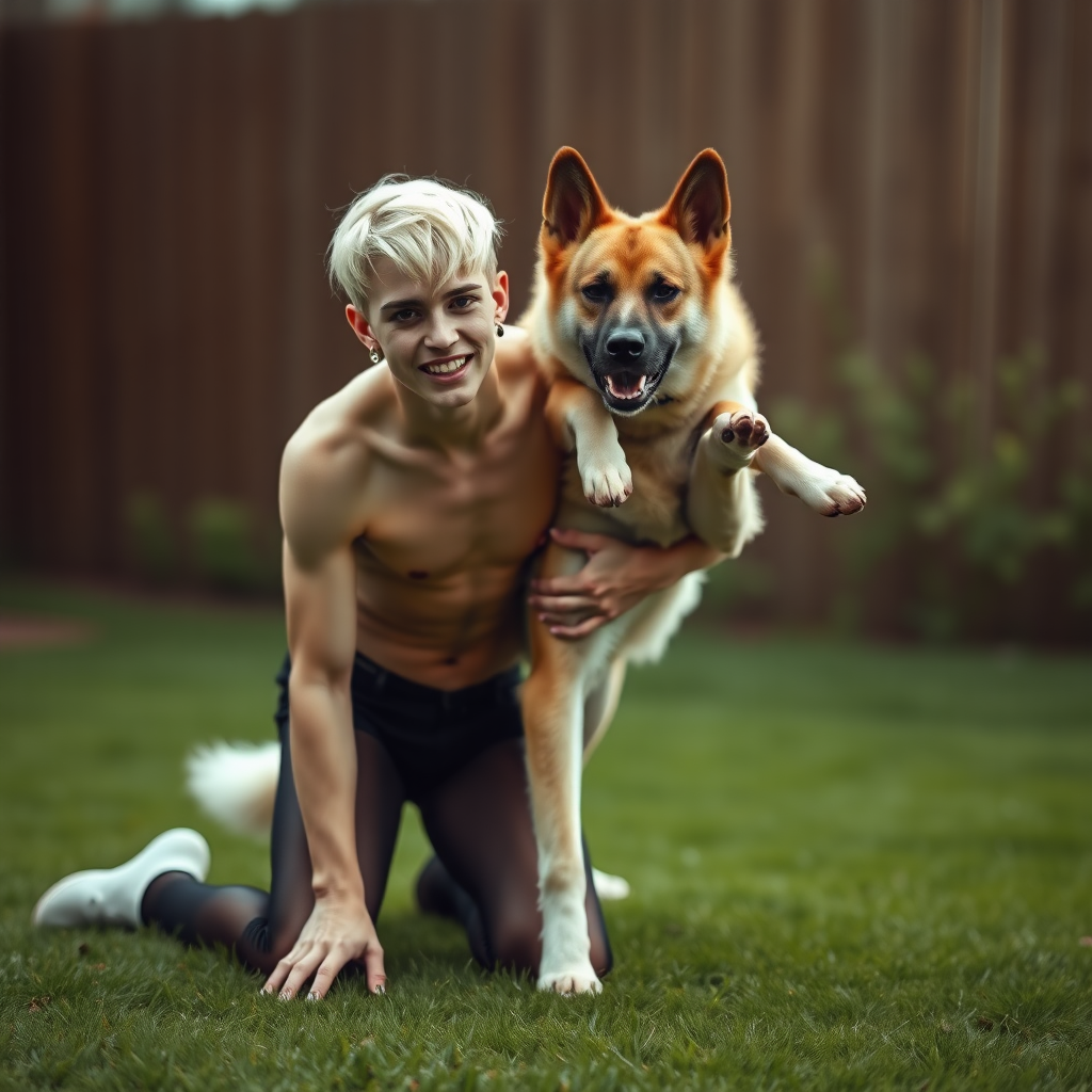 photorealistic, ultra high resolution, 16K, surreal fantasy, studio lighting, a pretty 16 year old goth male, slim male physique, short blonde hair, goth makeup, earrings, pantyhose, white ballet shoes, playing with his large dog in the yard - he is kneeling forward, while the dog stands up behind him and rests its paws on the boy's shoulders, excited smile, facing the camera.