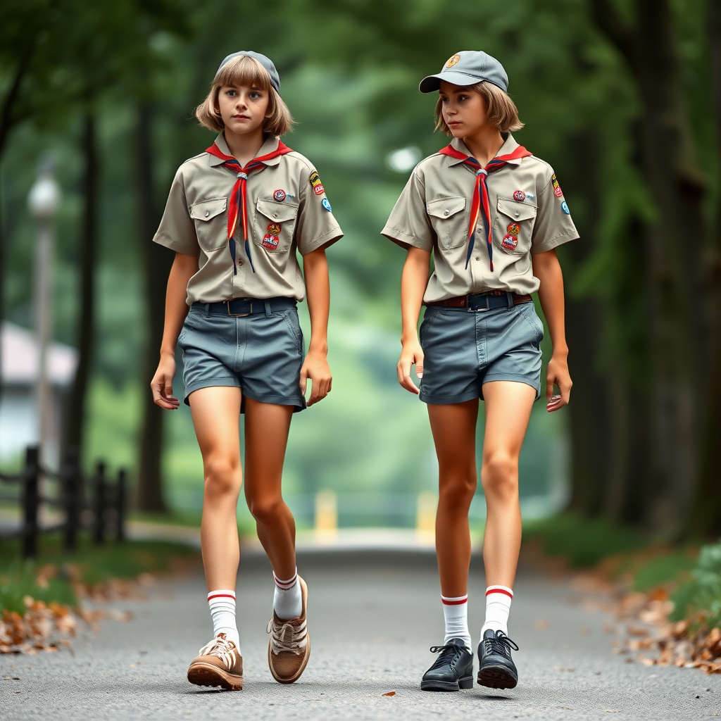 two tall 14yo teen boys, long bob cut, wearing American boy scout uniform with uniform matching very tight booty shorts, tube socks, shoes, cap, long legs, narrow thighs. walking. full-length view. 1980s. photorealistic, ultra high resolution, 16K, Negative: grainy, blurry, bad anatomy, extra limbs, watermark.