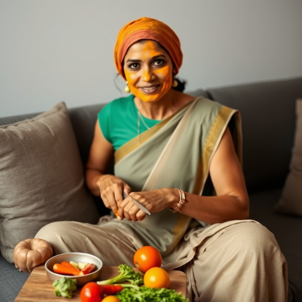 slim, 30 year old, modern indian wife with hair covering, turmeric paste on her face. she is sitting on a sofa and cutting vegetables