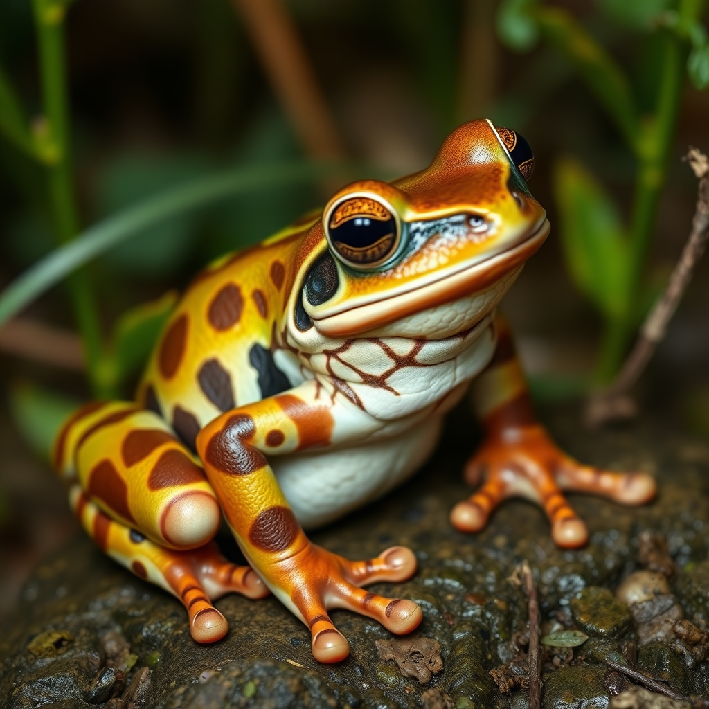 Create a full-length highly detailed image of a frog with an intricate body structure resembling that of a horsefly. The scene should capture the unique blend of features, showcasing the frog's vibrant colors and textures while highlighting its horsefly-shaped body. Set in a natural habitat, the image should emulate the style of award-winning wildlife photography, focusing on sharp contrasts, natural lighting, and breathtaking detail in the eyes and skin patterns. The background should include lush vegetation, enhancing the surreal yet realistic appearance of this extraordinary creature.