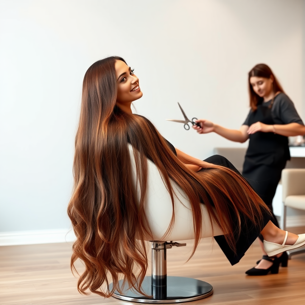 In a sleek, minimalist salon adorned with soft, muted tones and clean lines, a stunning woman sits gracefully in a plush white salon chair. Her hair, a cascade of shimmering, chestnut locks that flow to her waist, reflects the gentle overhead lighting, creating a halo effect around her. The atmosphere is calm and serene, enhanced by the subtle scent of lavender and freshly washed hair products lingering in the air.

As she leans back slightly, the skilled stylist, clad in a crisp black apron, methodically sections her hair, the scissors glinting in the soft light. Each precise snip resonates softly, a comforting rhythm in the otherwise quiet space. The woman’s deep emerald eyes are filled with anticipation, reflecting a mix of excitement and nervousness as she watches her long tresses fall gracefully to the polished oak floor, each lock a testament to change.

The plain light gray background serves as a soothing canvas, emphasizing the transformation taking place. The faint sound of gentle music plays in the background, mingling with the soft hum of salon equipment, creating an atmosphere of tranquility. As the stylist continues, a warm smile spreads across the woman's face, revealing a sense of liberation and renewal, embodying beauty and confidence in this peaceful haven of self-care.