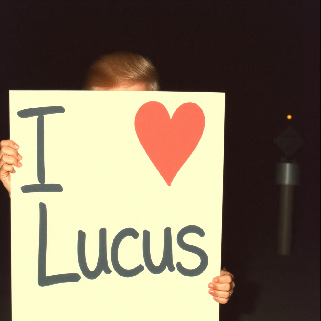 donald trump holding a sign that says "I Love Lucas" old 2000 phone grainy picture, night, bad lighting