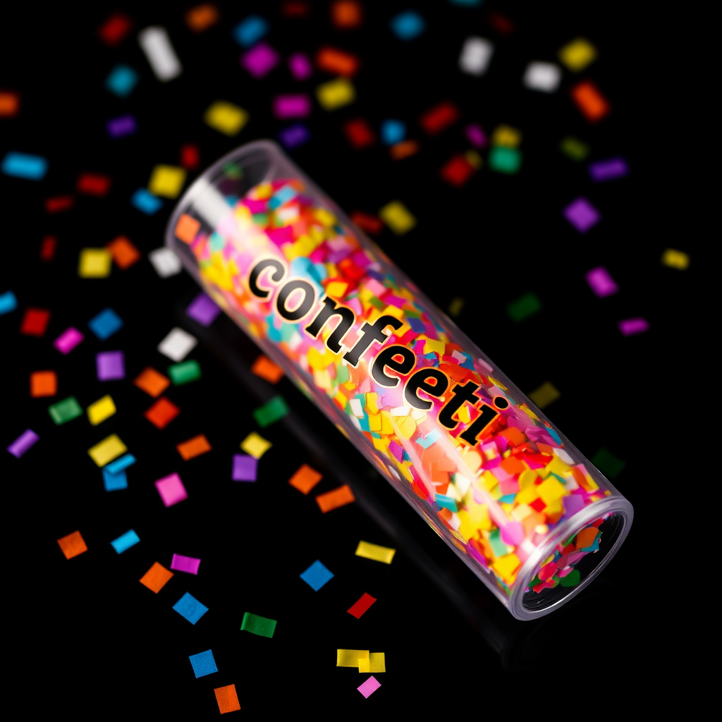 colorful confetti popper tube with text "confetti" on it