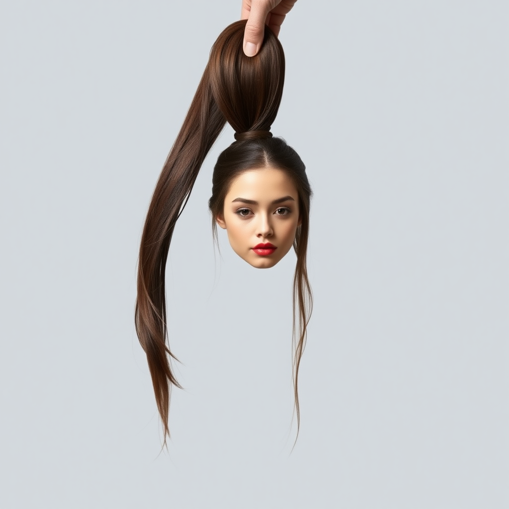 Surreal image of a very long haired woman's beautiful disembodied head hanging by her very long hair. Her very long hair is gathered at the top of her head into a long ponytail that stretches upward into a grasped hand. Plain gray background.