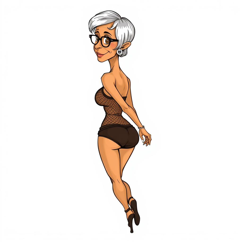 55 Years old, European, Latina, sharp aquiline nose, wrinkles, high cheekbones, Middle Eastern, Skinny, Tanned skin, Dark light skin, Rounded Medium breasts, Skinny thighs, round ass, full Makeup, jewelry, Serious face, Sharp nose, blushing, Ash hair, short bowl haircut, Brown eye color, Glasses, with detailed features. swaying hips, smiling, She is walking away, back side view, she is looking over her shoulder, she is wearing a brown mesh tight tank top and a tight full coverage black ruched thong, visible panty line, detailed fabric. full body, high heels sandals, long establishing shot, 2D, caricature, cartoon, Sketch lines, coloring book, coloring book style on white background, well composed, clean coloring book page, No dither, no gradient, strong outline, No fill, No solids, vector illustration, movement lines. realistic proportions