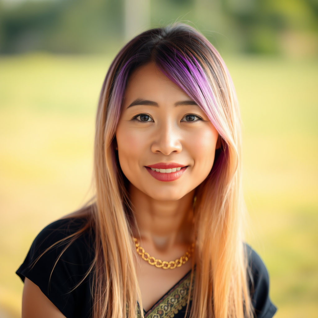 A 45 Year young North-East Thai Women with gold and violet colored long straight Hair and a fine Gold chain.