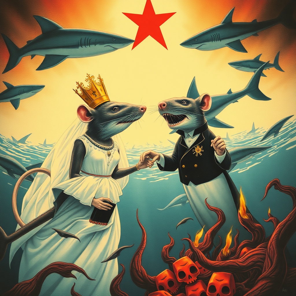 A rat wedding being attacked by hammerhead sharks, Catholic, Soviet propaganda poster, no text, Lovecraftian, in hell