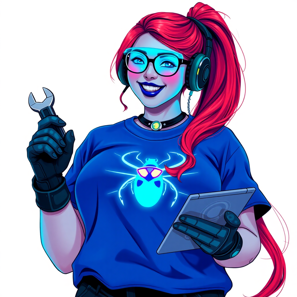 An intelligent and tech-savvy 29-year-old computer hacker and tech genius. She has a long ruby red ponytail. She wears maximum blue lipstick, blue eyes, a sapphire beetle gemstone necklace, sapphire earrings, black eyeglasses, hi-tech power gloves, and an oversized maximum blue t-shirt featuring a neon blue glowing beetle chest icon. She has a gargantuan full-figured physique with a prominent round gargantuan midsection, reflecting her well-cared-for lifestyle. She sports a sapphire headset with a hi-tech maximum turquoise lensed HUD, and a beaming smile accentuated by a passionate neon red blush. She serves as his tech expert from his hideout, holding a futuristic tool wrench and a futuristic digital tablet. The background is solid white. She is drawn as if she was in a retro 2D cyberpunk fighting game.