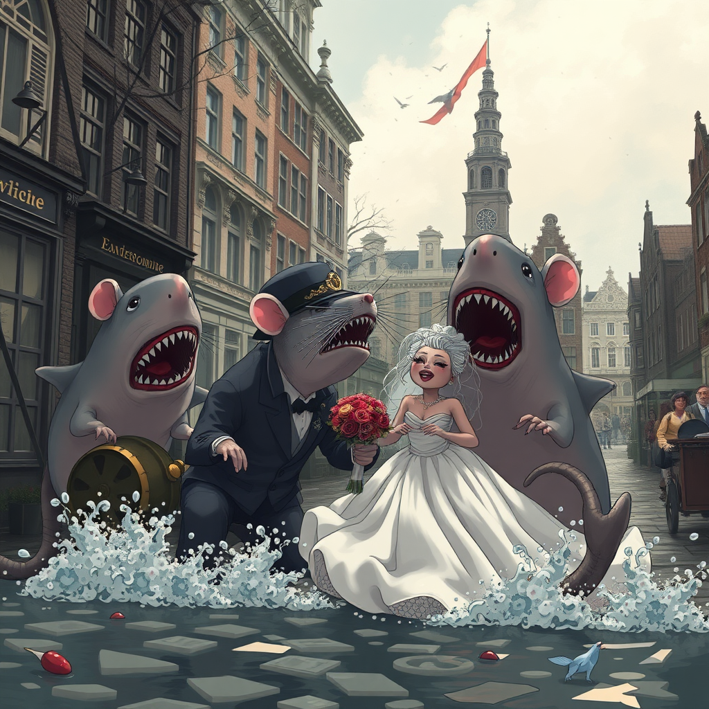 A rat wedding being attacked by hammerhead sharks, no text, Lovecraftian, in Amsterdam, steam punk, 2010s anime