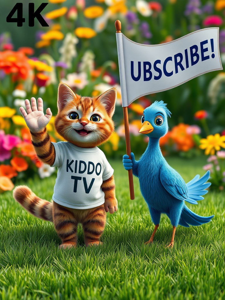 A realistic 4K scene of a Brown Cat and a Blue Bird standing on lush green grass, waving happily. The cat is wearing a shirt with 'KIDDO TV' printed on it. Nearby, the brown cat is holding a large flag that says 'SUBSCRIBE!' The vibrant garden background is filled with colorful flowers, creating a joyful and playful atmosphere.