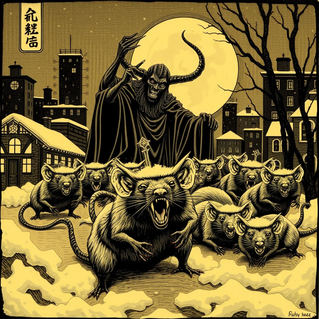 Demon rats invading Boston, Satan, blizzard, Chinese woodcut.