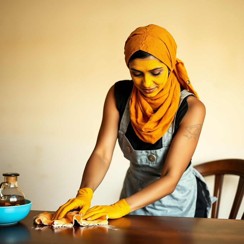 slim, 30 year old, sexy, french maid, short scarf head, turmeric face pack. She is cleaning a table with a cloth