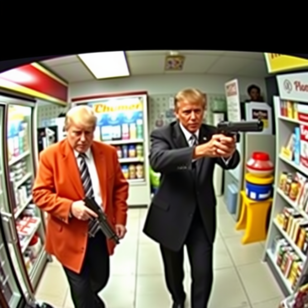 Donald Trump and Joe Biden and Barack Obama robbing a convenience store with guns, CCTV footage