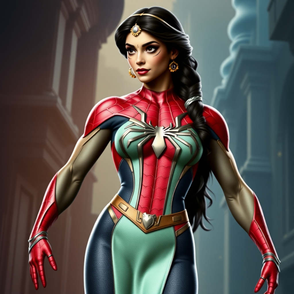 A full-body, photorealistic image of Princess Jasmine possessing the muscular physique of Spider-Man, maintaining her distinctive head and hairstyle, wearing a modified costume tailored to her transformed figure, set against a composite background blending elements from both the Princess Jasmine and Spider-Man universes.