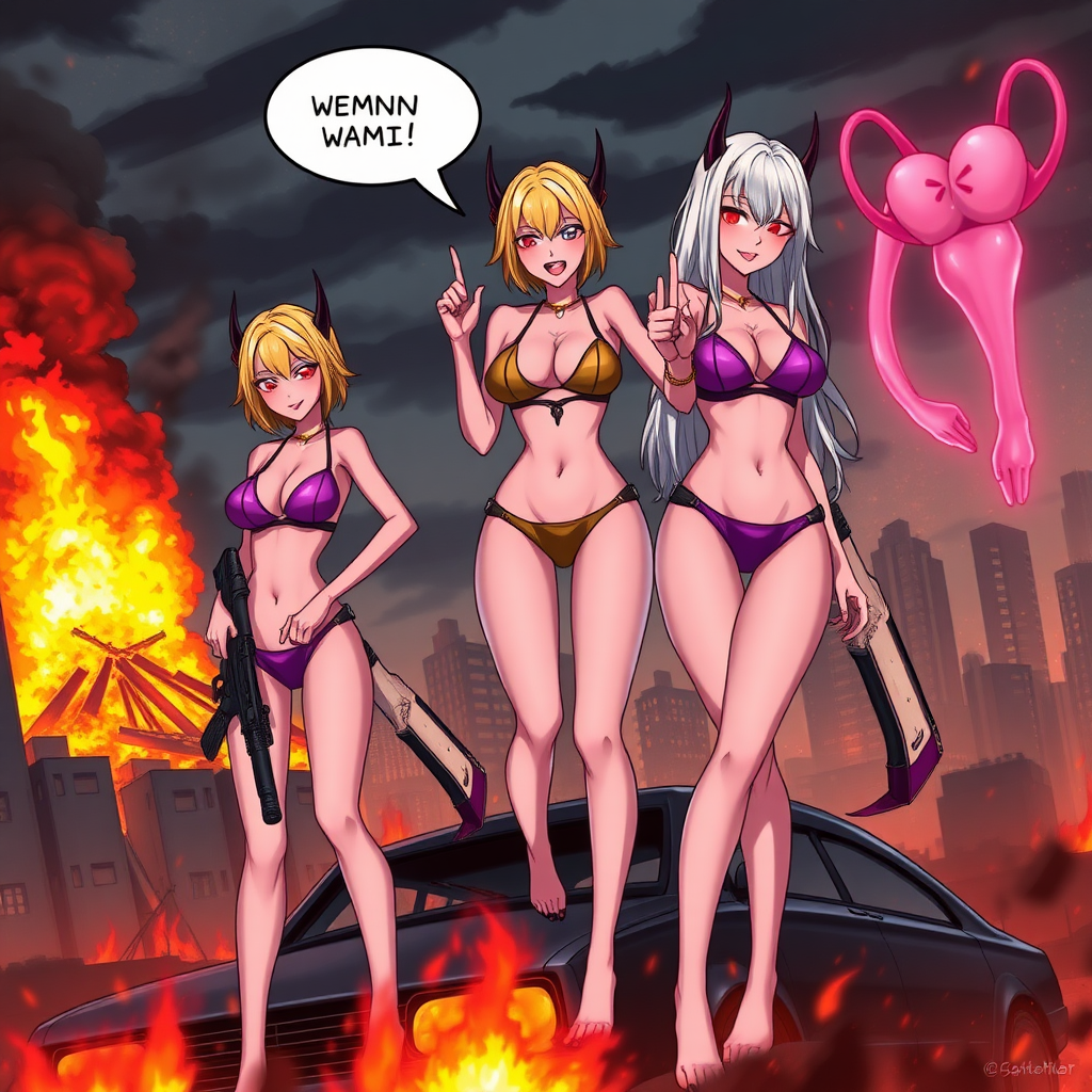 Anime, city on fire background, 3 mischievous tall-slender demon women, short blond hair, wearing sexy-micro bikini-bra-like clothing, micro g-string bikini, Womb tattoo on belly, mischievous wicked smile, large breasts, full body, long legs, looking at viewer, speech bubble with a burning city, holding rifle, a building crumbling and exploding, 1 woman has long-white hair and is standing on top of car with 2 middle fingers, a pink vagina-shaped portal opened afar.