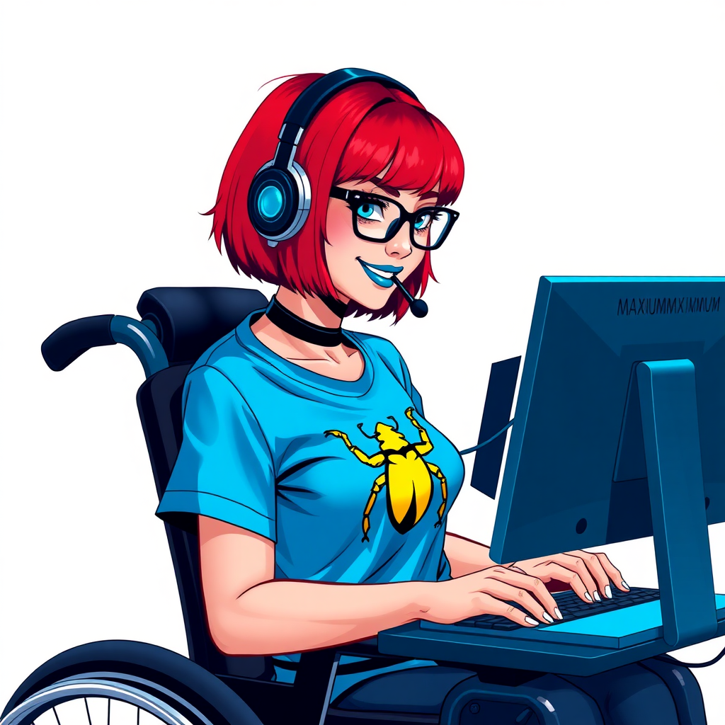 A hot, nerdy, 28-year-old computer hacker in a wheelchair, with a unique, fiery crimson bob cut, maximum blue lipstick, and piercing blue eyes. She wears a maximum blue t-shirt adorned with a maximum turquoise beetle chest icon. Her accessories include a sapphire headset, sleek black eyeglasses, a lovestruck smile, and neon red blush. She serves as her vigilante boyfriend’s tech expert from his secret hideout, diligently working at her computer. The background is a solid white. She is drawn as if she was in a retro 2D cyberpunk fighting game. Ensure her hair color is distinct from DC’s superheroine Oracle and any other character.