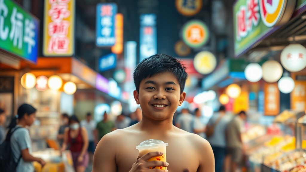 A bustling city street, brightly lit, blurry, a Taiwanese boy visiting a night market, facing the camera, with a sweet smile, solid build, bare-chested, holding a bubble tea in his hand.