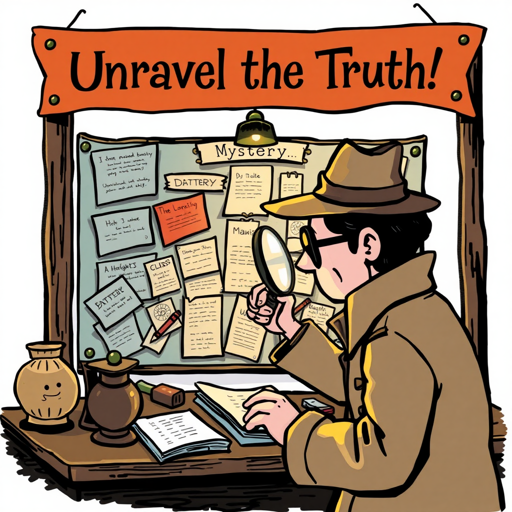 An imaginative scene depicting a detective with a magnifying glass, examining a mystery board filled with clues and notes, under a banner that reads, "Unravel the Truth!"