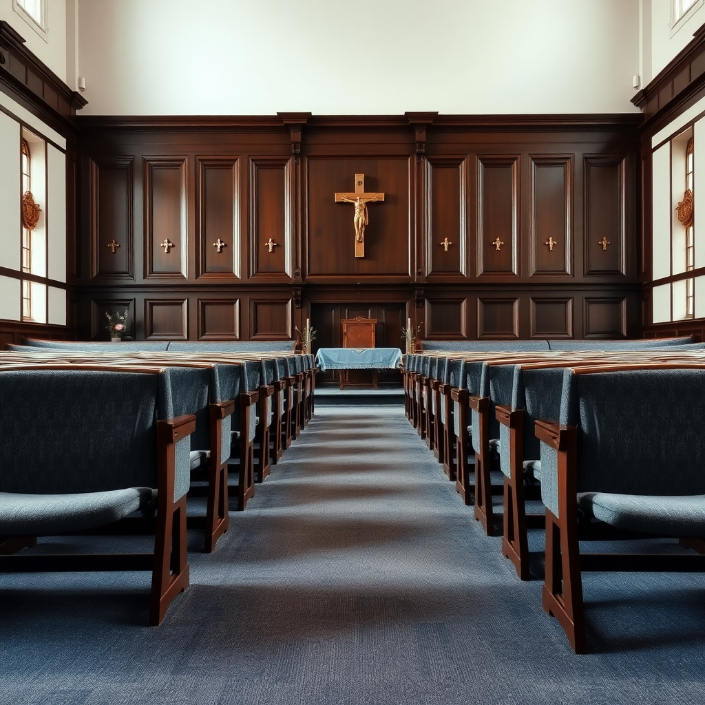 in a church with gray pew benches and dark wood frame and gray carpet. and