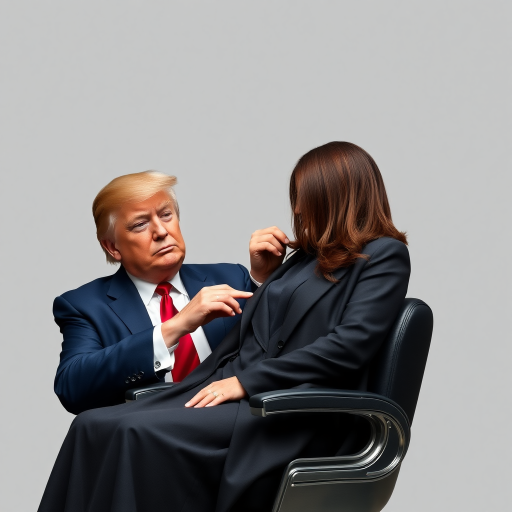 Kamala Harris sitting in a barbershop while Donald Trump cuts her long hair.  Plain gray background.