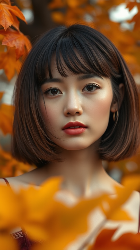 Beautiful model in the foreground, square bob hair, with autumn foliage, in high definition.