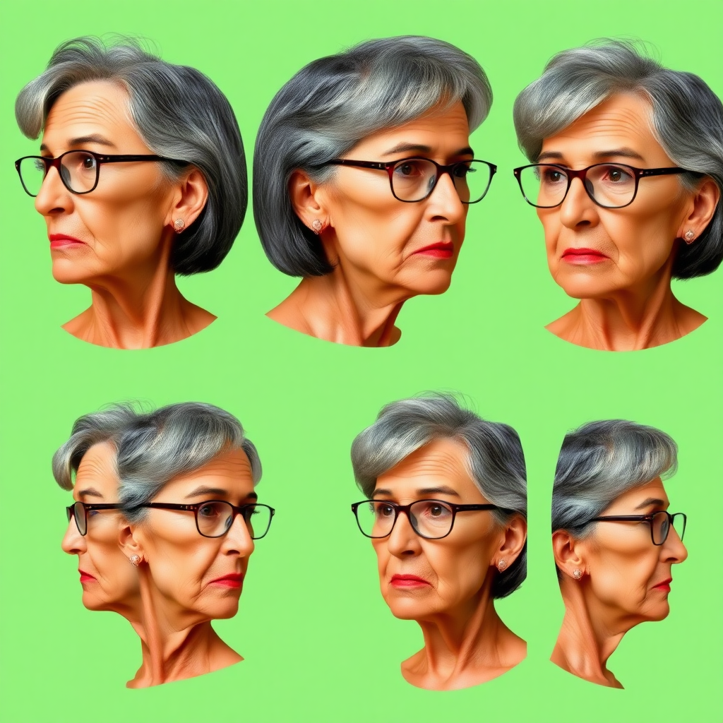 Photorealistic image of six headshots of a 55 Years old, European, Latina, sharp aquiline nose, wrinkles, high cheekbones, Middle Eastern, Skinny, Tanned skin, Dark light skin, full Makeup, jewelry, Sharp nose, frowning, ecstatic expression, dark grey Ash hair, short bowl haircut, Brown eye color, Glasses, with detailed features. Each photo displays the same face in profile and front view, cut out and isolated on a green background. All six heads are visible side by side, empty space around each view, no overlapping.