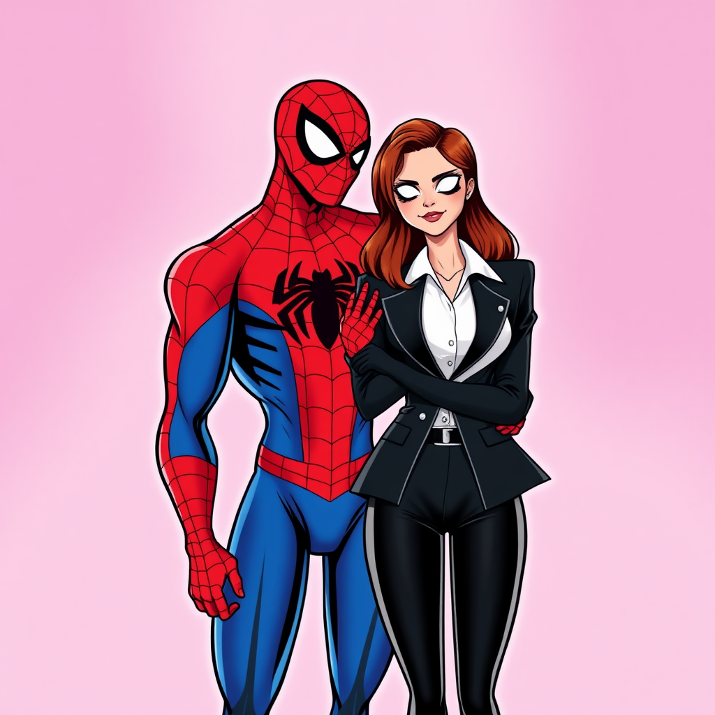 Spider-Man wearing classic red and blue Spider-Man suit and a beautiful female burglar in a black blazer over white shirt with black pants hugging each other as a loving couple in the 90s comic cartoon.