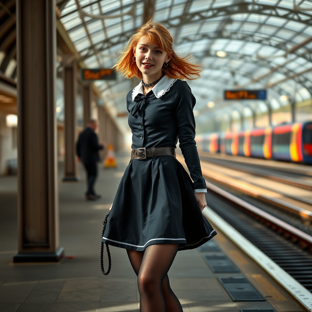 photorealistic, ultra high resolution, 16K, surreal fantasy, soft studio lighting, Tyler Swift is a pretty 18 year old goth male, slim male physique, auburn hair, goth makeup, earrings, shiny black pantyhose, UK girls-school uniform, Mary-Jane shoes, spikey neck collar chain and leash, standing at a station, the wind has blown his dress up to expose his pantyhosed bottom, his boyfriend is holding the end of the leash, in daylight, excited smile, facing the camera.