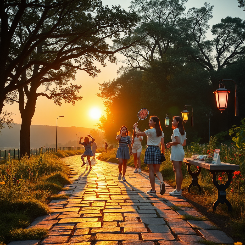 High summer. It is a hot late summer evening. The sun has already set. Three young, pretty Asian women are playing jump rope. Two other modern Asian women are playing badminton. Two more young Asian women are chatting by the path. A roughly 500-meter long, uneven, and 2-meter wide bicycle and footpath runs along the edge of the forest, with strikingly colored and differently sized paving stones. For 50 meters of the path, large trees grow and form a canopy. In fact, there are already dark areas at the end of the path in the forested area. Uniformly placed to either side of the path, about 1-meter high lanterns are positioned every three meters, each varying in color and effectively and colorfully illuminating the way in the style of the 1950s. To the left and right of the path, small colorful herbs and wildflowers bloom. A part of the sky is visible. As in a fantasy image, a few veil clouds can be seen, glowing in pastel colors from the now-set sun. The picture is bathed in a warm yellow light. The threatening atmosphere is mystical, eerie, and surreal. In the background, a haze has formed. The weeds have been growing for two months. Note. The Asian women are a very important aspect of the image generation. They are meant to alleviate the viewer's fear. With the many Asian women, the viewer does not feel alone and is at ease. The Asian women are recognizable and look kindly at the viewer. They are depicted as real and human, with loving facial features that are clearly visible.