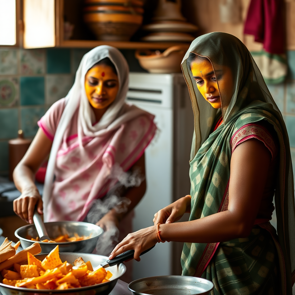 2 slim, 30-year-old Indian maids with hair coverings. They are cooking food in the kitchen. Their faces are covered with a turmeric face mask.