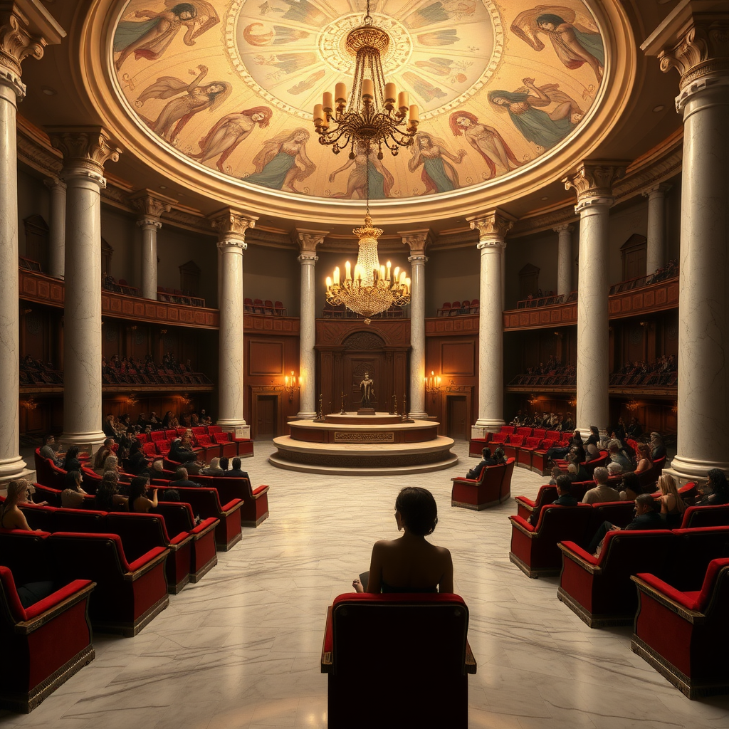 Inside the Slave Auction House, the grand foyer has polished marble floors and white alabaster pillars supporting a vaulted ceiling painted with images of alluring female slaves. Beyond the foyer is the main auction chamber, a large circular room with ascending rows of plush seating made from velvet and mahogany, facing the central platform. This platform is illuminated by a chandelier that casts a golden light over the chamber. The Dais of Pairing is the focal point of the Auction House, where slaves present themselves to prospective buyers. The Dais is finely crafted with silver-gilded edges. On the back side of the auction chamber are a row of smaller platforms, where slaves are waiting their turn to be auctioned on the main platform.