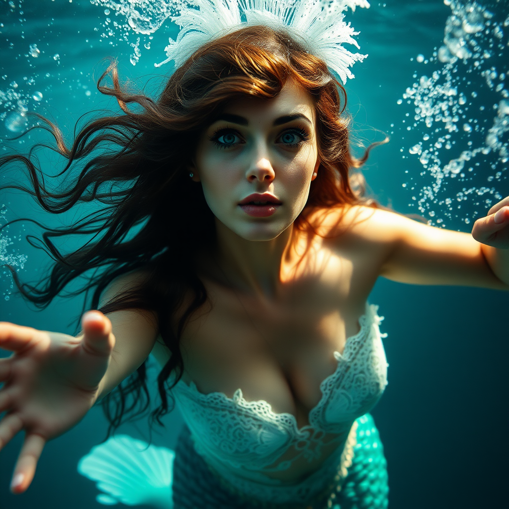 Succubus as a mermaid underwater loose hair floating in a nimbus around her beautiful face her arms outstretched towards the viewer and she's looking down into the viewer's eyes making intense eye contact. loose fitting diaphanous. Real DSLR HD Photography. Burlesque