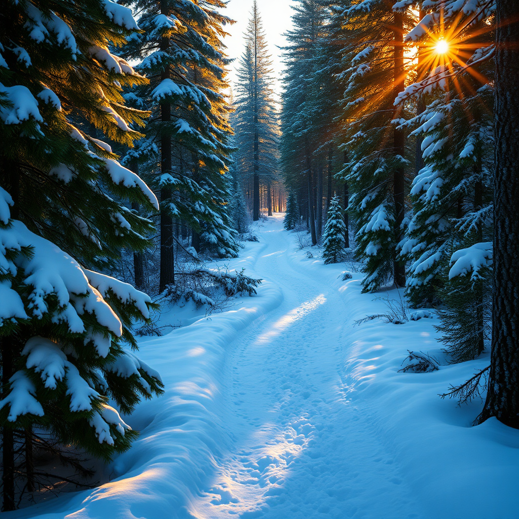 The winter forest landscape of the golden hour is characterized by a winding path blanketed in snow, flowing between tall evergreens, with fresh white snow covering the branches. Soft sunlight filters through the trees, casting a warm golden glow on the trail and illuminating patches of snow. The surrounding atmosphere is calm and serene, with deep shadows contrasting against bright highlights. The colors include the cool blues and whites of the snow, the rich greens of the pine trees, and hints of warm yellows and oranges from the sunlight. In a surreal style, it captures the intricate details of the snow texture on the trees and the bark, evoking a sense of peaceful solitude in nature.