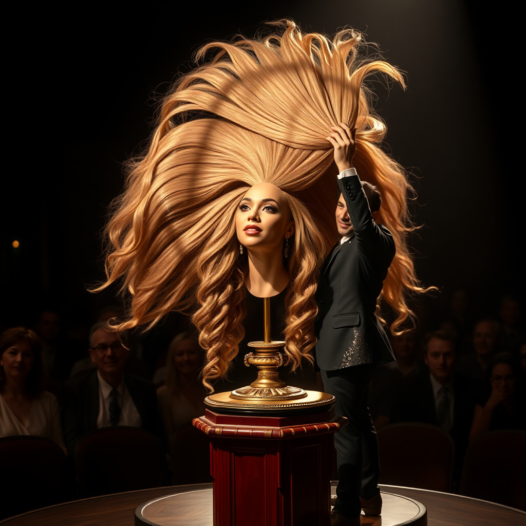 In a dimly lit theater, the atmosphere crackles with anticipation, the audience's murmurs a blend of curiosity and skepticism. On a grand, elegantly adorned display stand sits the disembodied head of the enchanting Beyoncé, her radiant skin glistening under the soft, warm glow of the spotlight. Her striking features are perfectly framed by cascading locks of lustrous, very long hair that shimmer with hues of light brown and hints of rich mahogany, reminiscent of polished silk.

Standing beside her is the magician, a charismatic figure in a sharp, tailored suit that glints with sequins in the light. With theatrical flair, he holds her voluminous hair aloft, fingers splayed wide, deftly spreading it out like a shimmering waterfall, mesmerising the audience. The hair flows like liquid night, each strand capturing the light as it falls gracefully to the ground, creating a stunning, almost surreal contrast against the stark wooden stage.

The magician’s face is lit with a confident smile, his eyes sparkling with the thrill of the performance, as he engages the audience with playful banter. Their gasps and laughter echo throughout the room, a symphony of wonder and disbelief. The scent of polished wood and fresh popcorn wafts through the air, mingling with the underlying electricity of the moment. Time seems to stand still as the audience leans in, captivated by the spectacle, a seamless blend of illusion and artistry that promises to defy reason and ignite imagination.