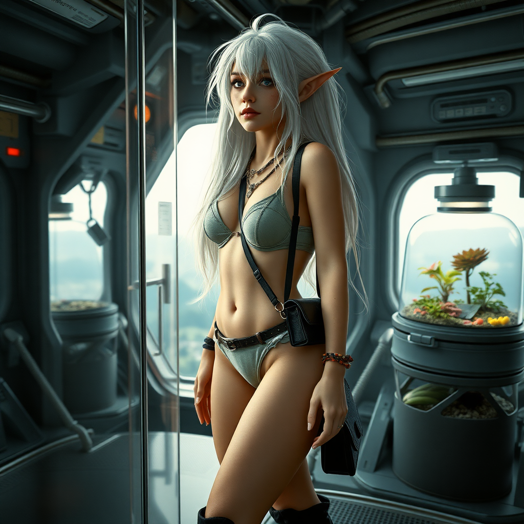 A full body shot of a pretty twenty-something elf girl with a face resembling (Ana de Armas). large chest, wide hips, narrow waist, thick thighs, pale, freckles, messy long white hair. crop top, thong, Cyberpunk 2077, space station, food terrarium, high heel ankle boots, collar, purse and jewelry. Photorealistic digital matte painting, soft focus, film grain, lens flare. She is looking through glass. landscape beyond.