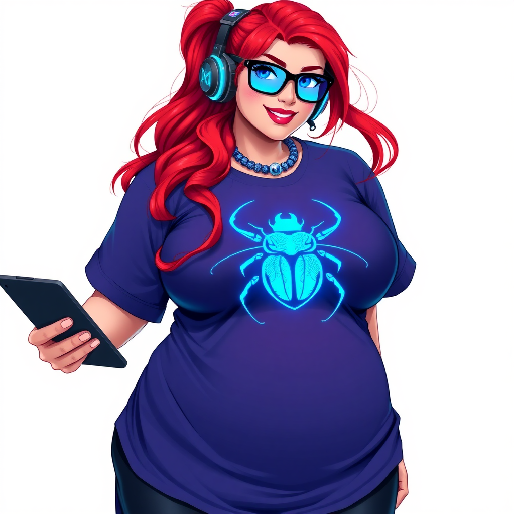 A cyberpunk vigilante’s full-figured intelligent and tech-savvy 29-year-old girlfriend, who is a computer hacker and tech genius. She has a long ruby red ponytail and bright blue eyes. She wears a sapphire beetle gemstone necklace, and an oversized Maximum Blue (RGB 71, 171, 204) t-shirt featuring a giant neon blue glowing icon of a beetle on its chest. She has a full-figured physique with a prominent, gargantuan, round midsection, reflecting her well-cared-for lifestyle. The midsection is heavily emphasized. She sports a sapphire headset with hi-tech Maximum Blue (RGB 71, 171, 204) lensed HUD visor, Maximum Blue (RGB 71, 171, 204) lipstick, black eyeglasses, and a beaming smile with a passionate bright red blush. Despite her figure and a lack of self-esteem, she radiates an air of beauty. She has an angular face which contributes to her radiant beauty. She serves as his tech expert from his hideout, holding a holographic tablet and a hi-tech tool wrench. The background is solid white. She is drawn as if she was in a retro 2D cyberpunk fighting game. Make sure her shirt covers her round midsection.