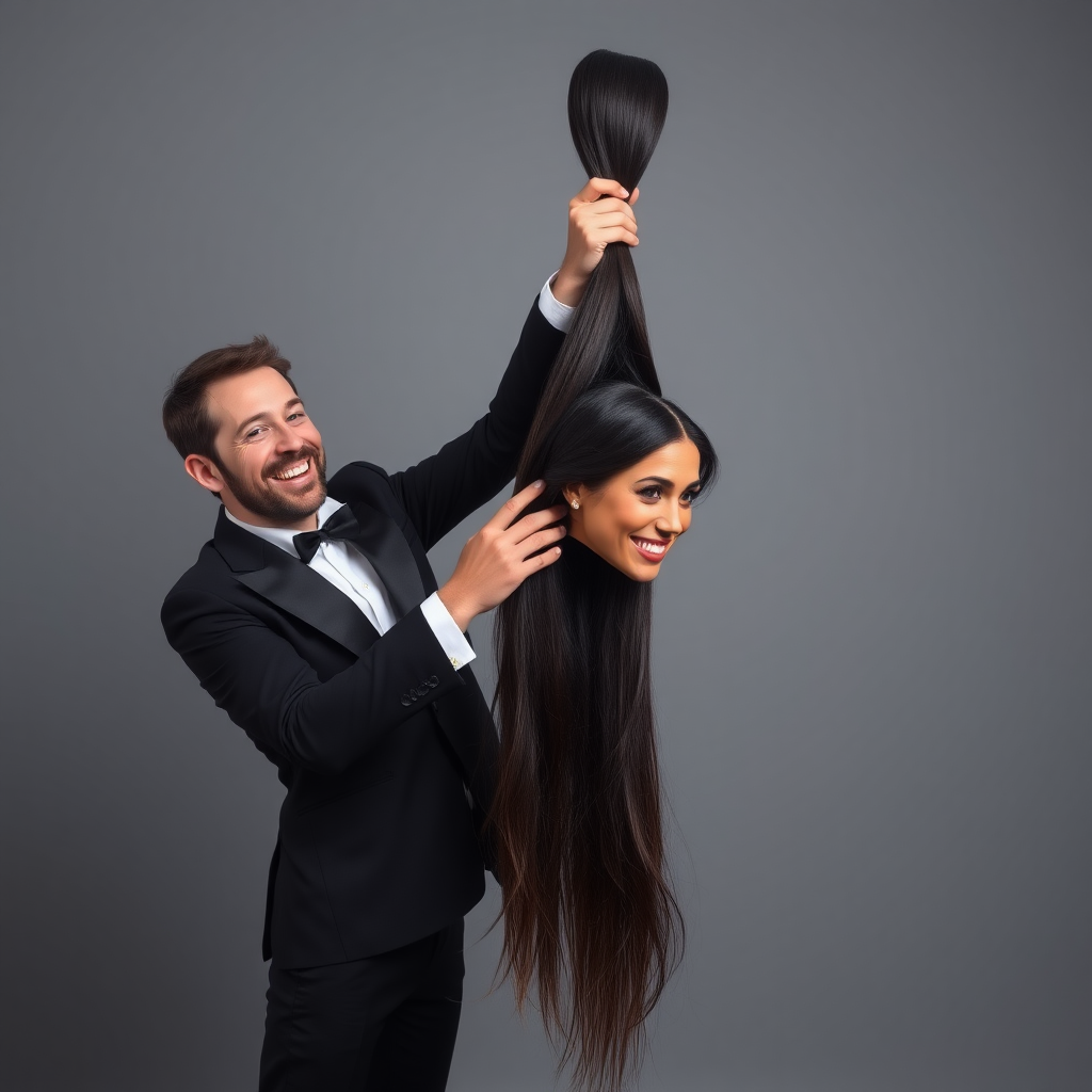 A surreal image of a smiling male magician standing to the side while holding up the disembodied head of a very long haired Meghan Markle by her hair to display it to the camera. He is grabbing her very long hair and pulling it up high in the air, while her head is hanging by her hair from his grasp. Plain gray background.